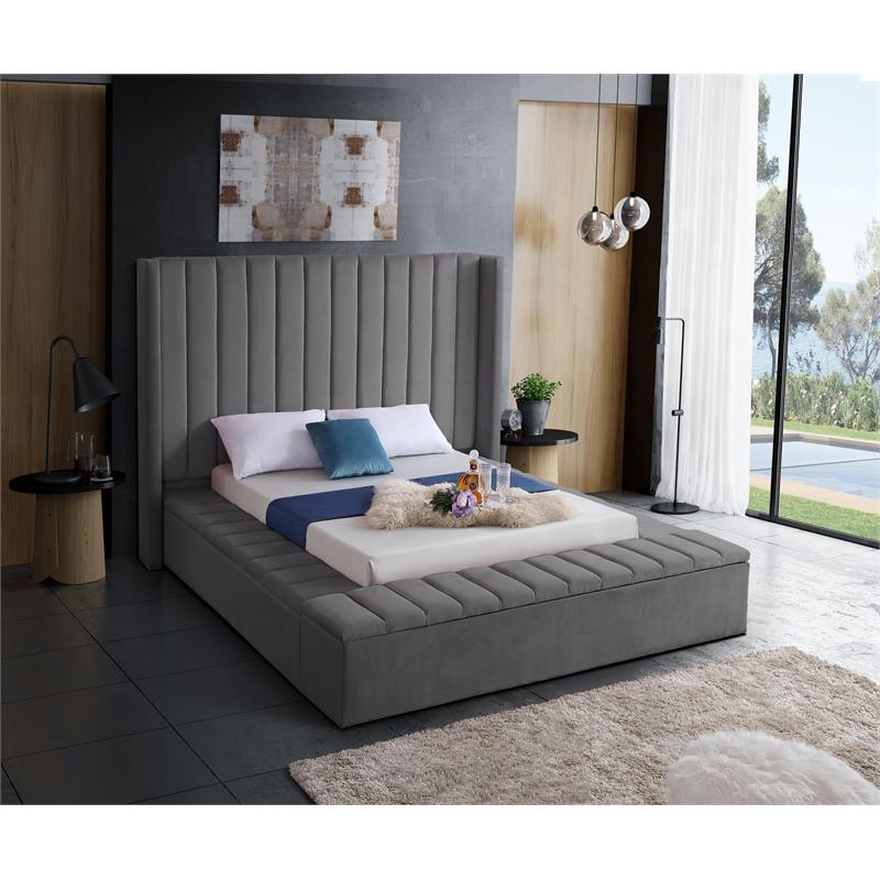 Pemberly Row Contemporary Solid Wood and Velvet Full Bed in Gray