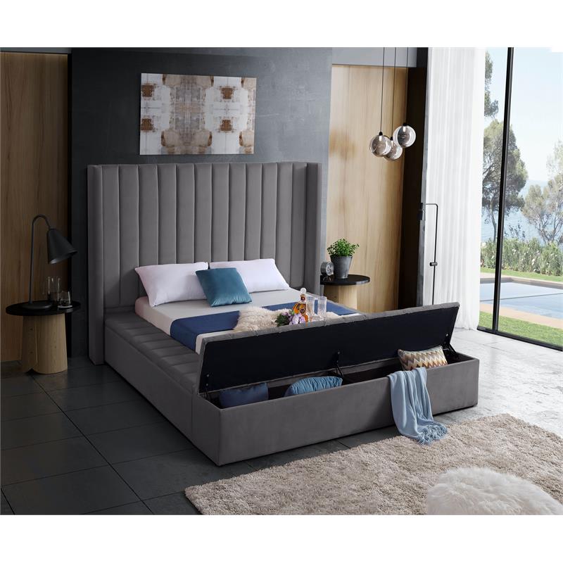 Pemberly Row Contemporary Solid Wood and Velvet King Bed in Gray