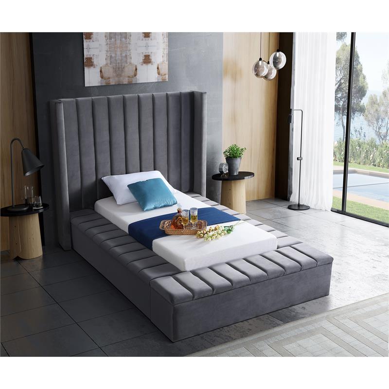 Pemberly Row Contemporary Solid Wood and Velvet Twin Bed in Gray