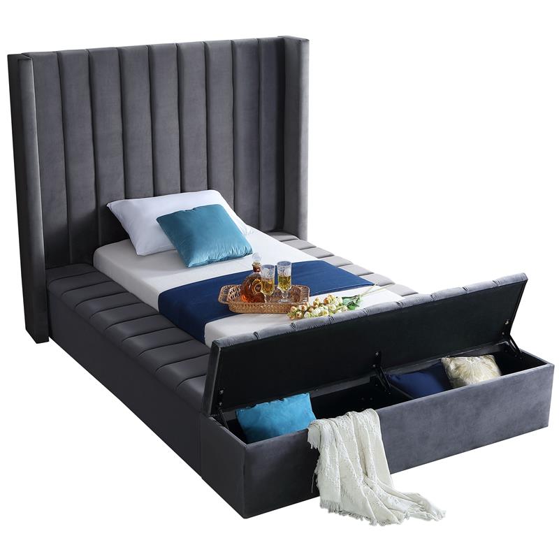 Pemberly Row Contemporary Solid Wood and Velvet Twin Bed in Gray