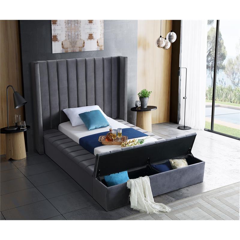 Pemberly Row Contemporary Solid Wood and Velvet Twin Bed in Gray