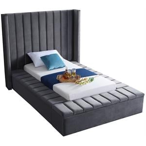 Pemberly Row Contemporary Solid Wood and Velvet Twin Bed in Gray