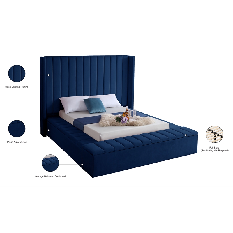 Pemberly Row Contemporary Solid Wood and Velvet Full Bed in Navy