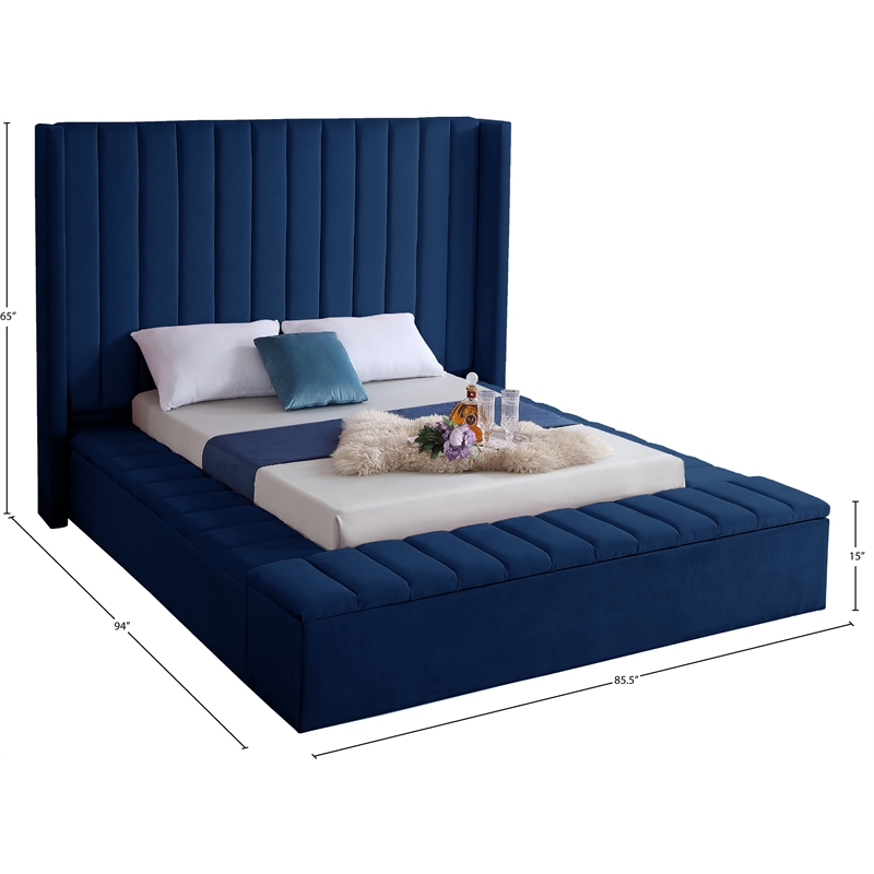 Pemberly Row Contemporary Solid Wood and Velvet Full Bed in Navy