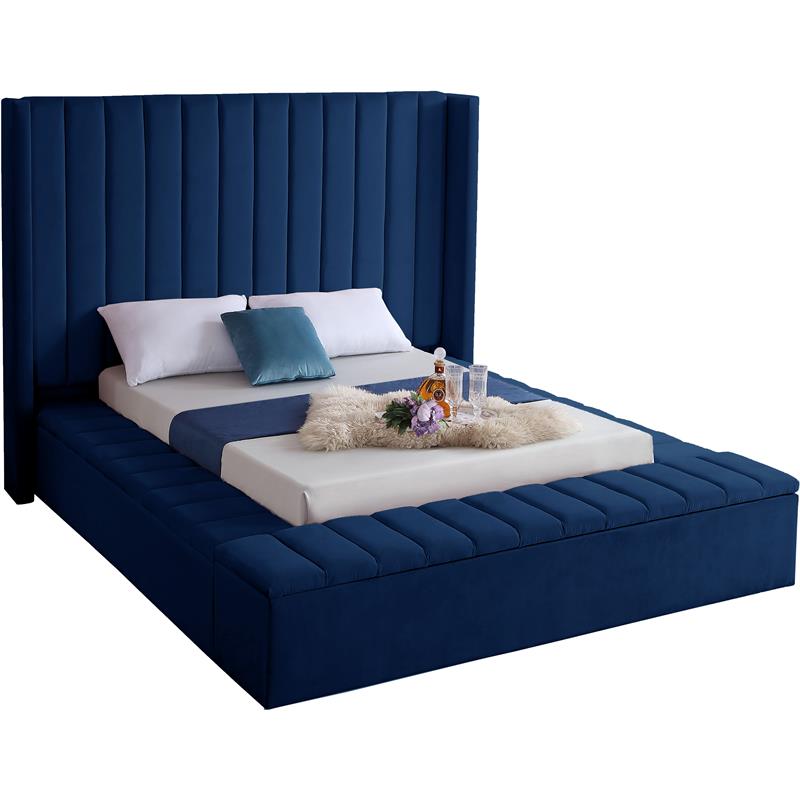 Pemberly Row Contemporary Solid Wood and Velvet Full Bed in Navy