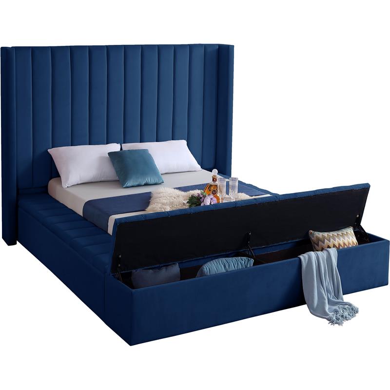 Pemberly Row Contemporary Solid Wood and Velvet King Bed in Navy