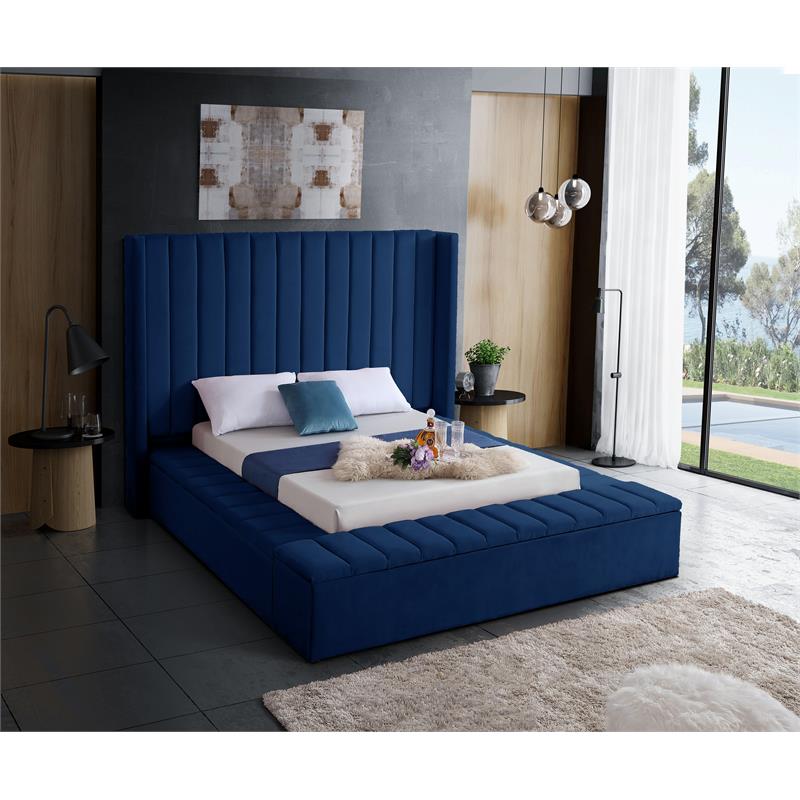 Pemberly Row Contemporary Solid Wood and Velvet Queen Bed in Navy