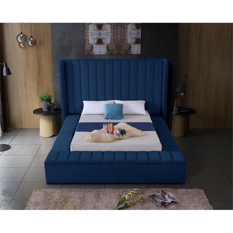 Pemberly Row Contemporary Solid Wood and Velvet Queen Bed in Navy