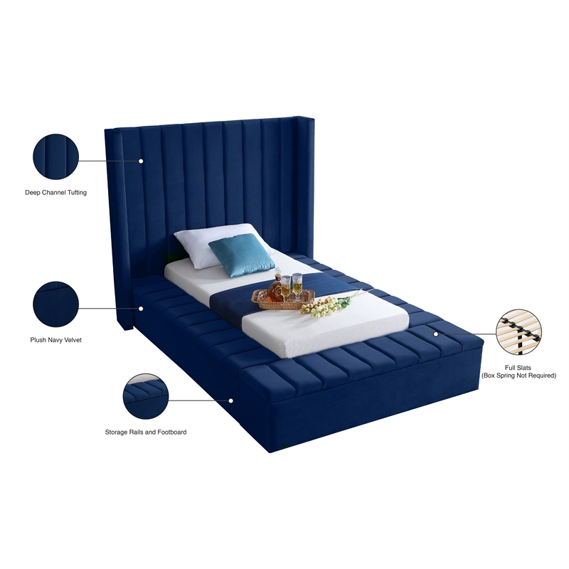 Pemberly Row Contemporary Solid Wood and Velvet Twin Bed in Navy