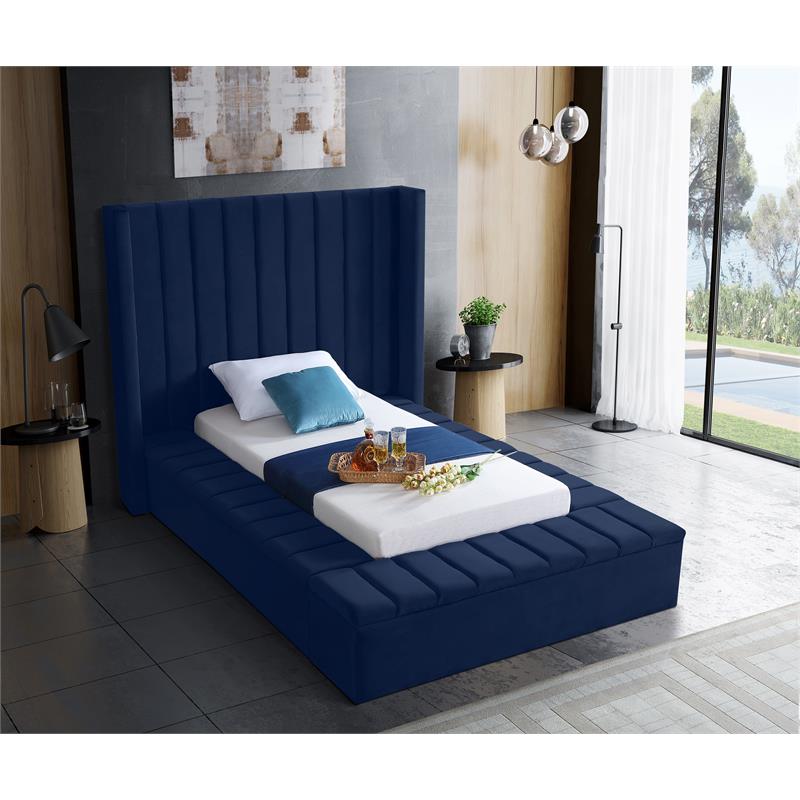 Pemberly Row Contemporary Solid Wood and Velvet Twin Bed in Navy