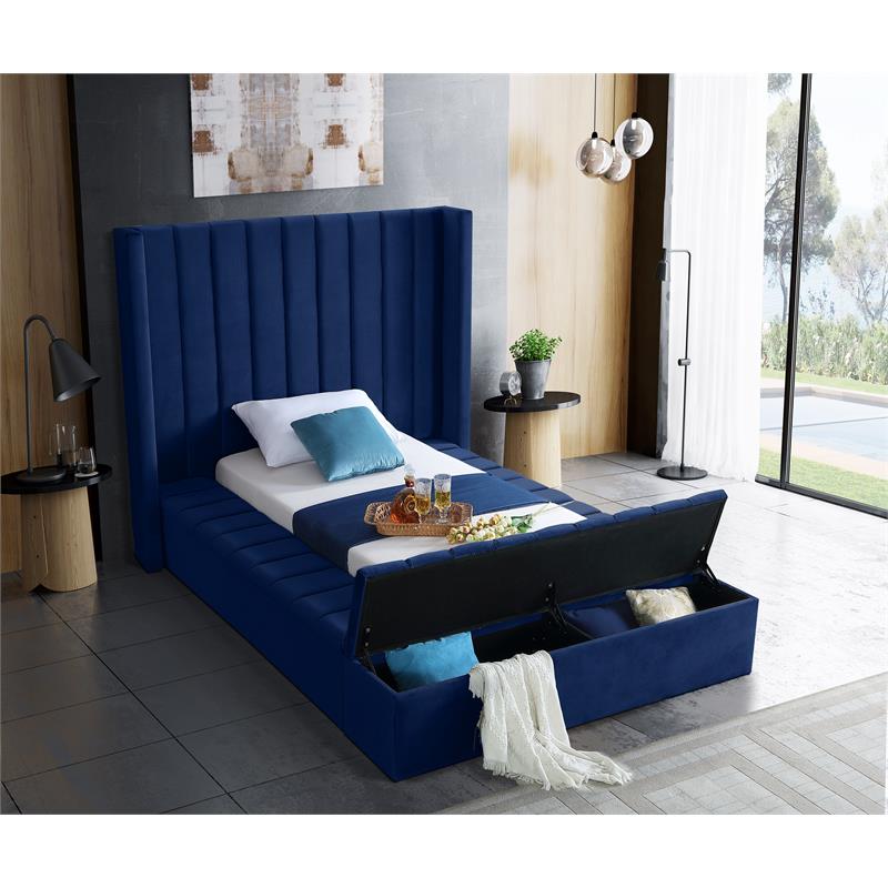 Pemberly Row Contemporary Solid Wood and Velvet Twin Bed in Navy
