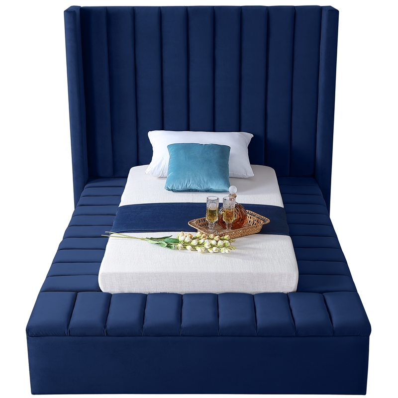 Pemberly Row Contemporary Solid Wood and Velvet Twin Bed in Navy
