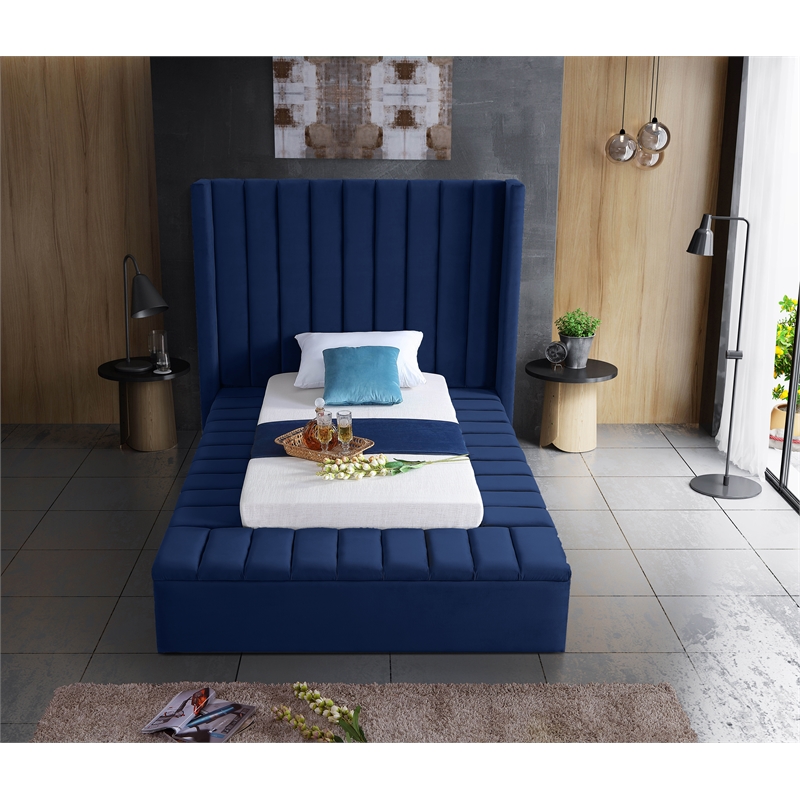 Pemberly Row Contemporary Solid Wood and Velvet Twin Bed in Navy
