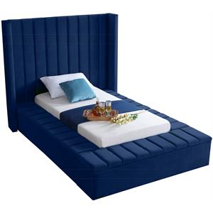 Pemberly Row Contemporary Solid Wood and Velvet Twin Bed in Navy