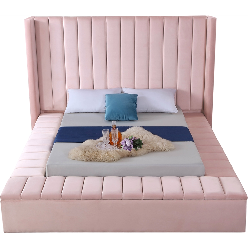 Pemberly Row Contemporary Solid Wood and Velvet Full Bed in Pink