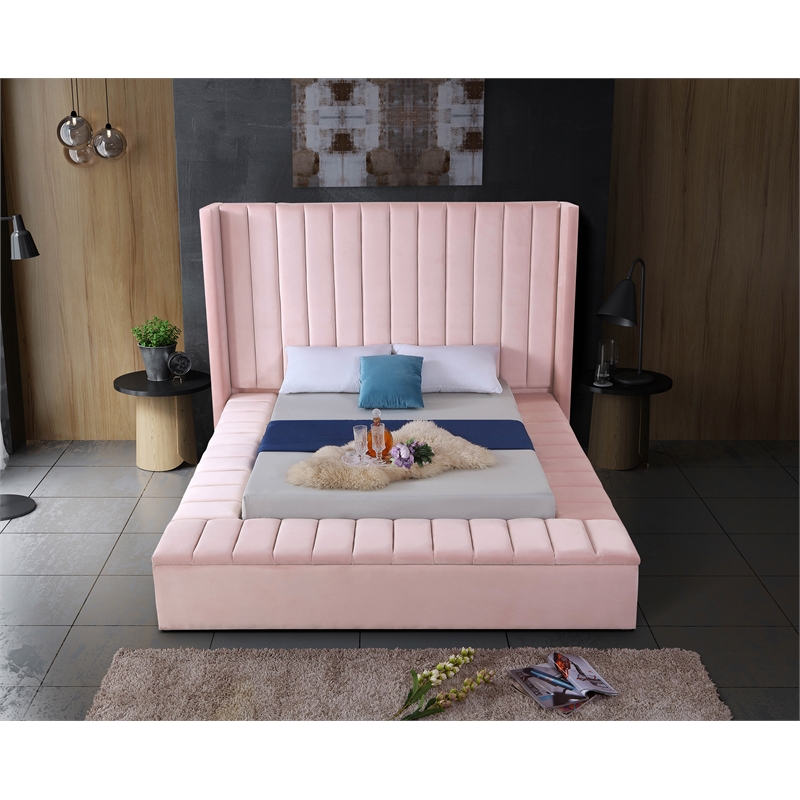 Pemberly Row Contemporary Solid Wood and Velvet Full Bed in Pink