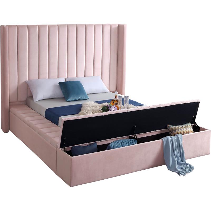 Pemberly Row Contemporary Solid Wood and Velvet King Bed in Pink