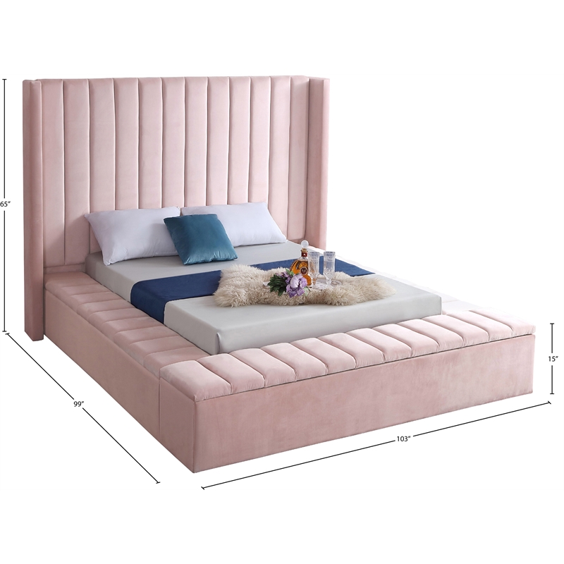 Pemberly Row Contemporary Solid Wood and Velvet King Bed in Pink