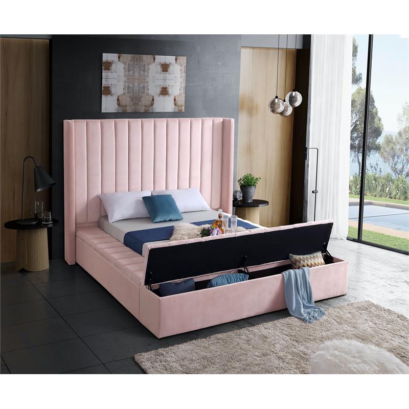 Pemberly Row Contemporary Solid Wood and Velvet King Bed in Pink