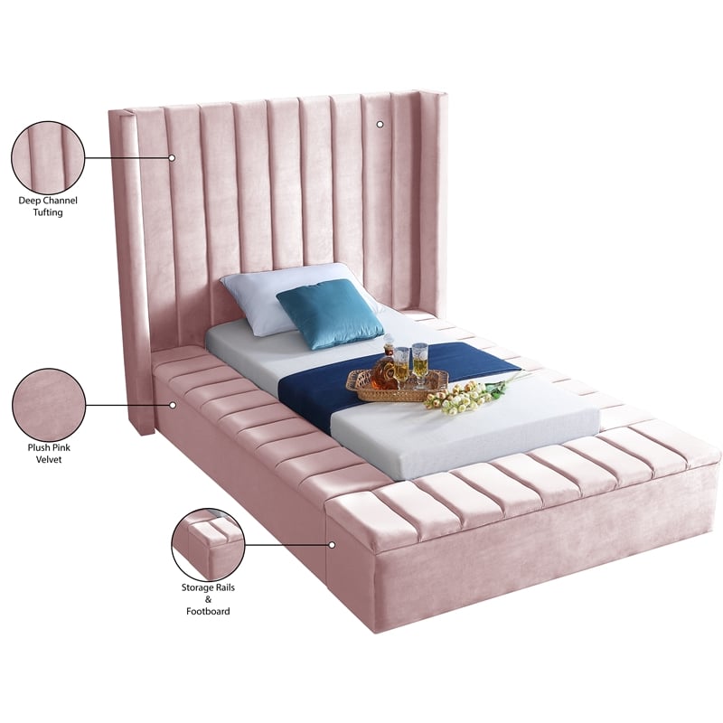 Pemberly Row Contemporary Solid Wood and Velvet Twin Bed in Pink