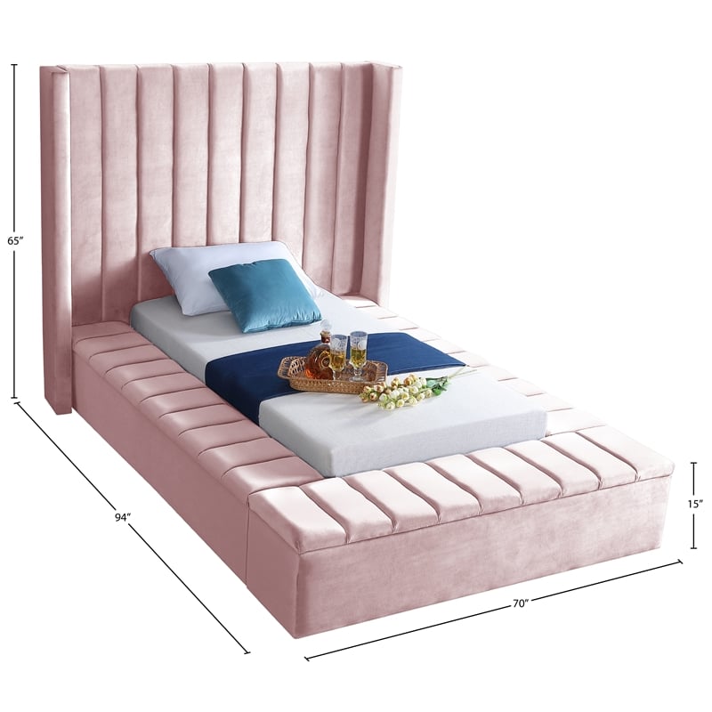 Pemberly Row Contemporary Solid Wood and Velvet Twin Bed in Pink