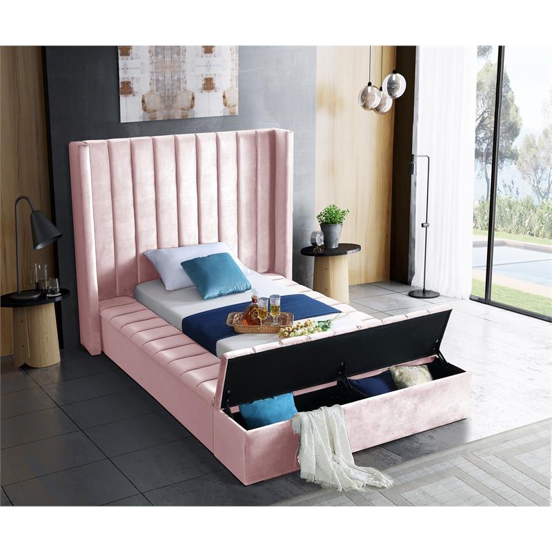 Pemberly Row Contemporary Solid Wood and Velvet Twin Bed in Pink