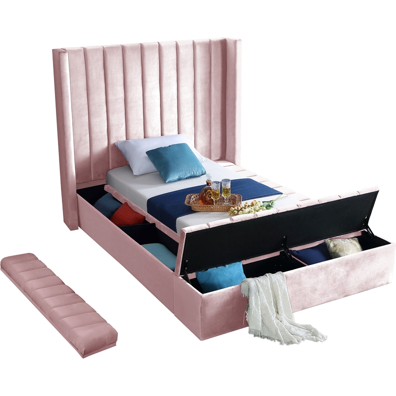 Pemberly Row Contemporary Solid Wood and Velvet Twin Bed in Pink