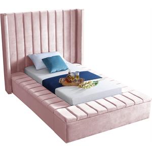Pemberly Row Contemporary Solid Wood and Velvet Twin Bed in Pink