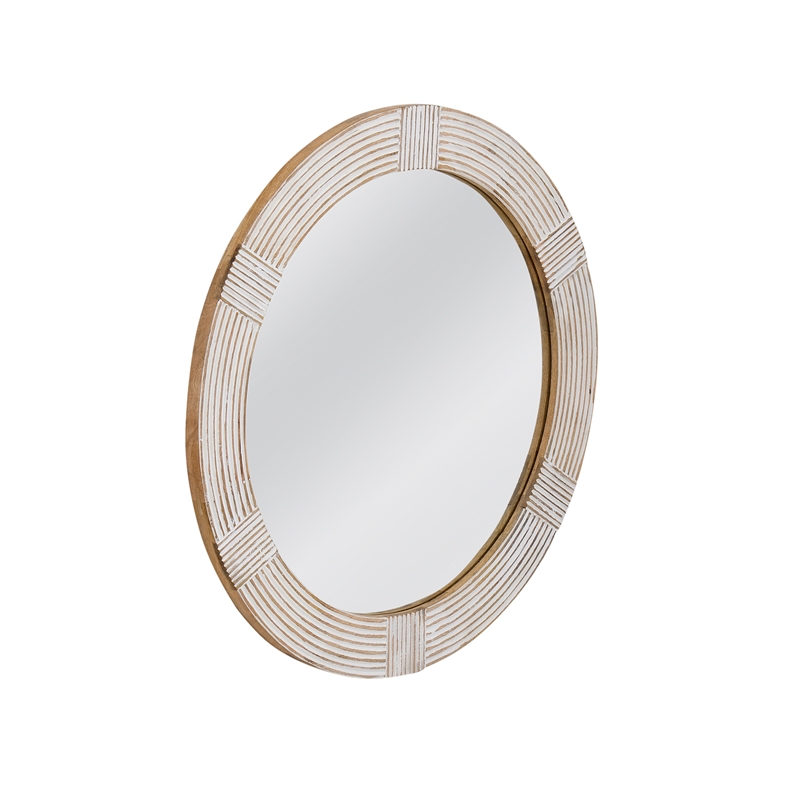 Pemberly Row Modern Round Wall Mirror with Carved Wood Frame in White Wash