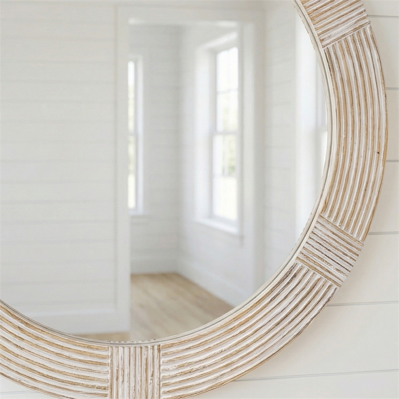 Pemberly Row Modern Round Wall Mirror with Carved Wood Frame in White Wash
