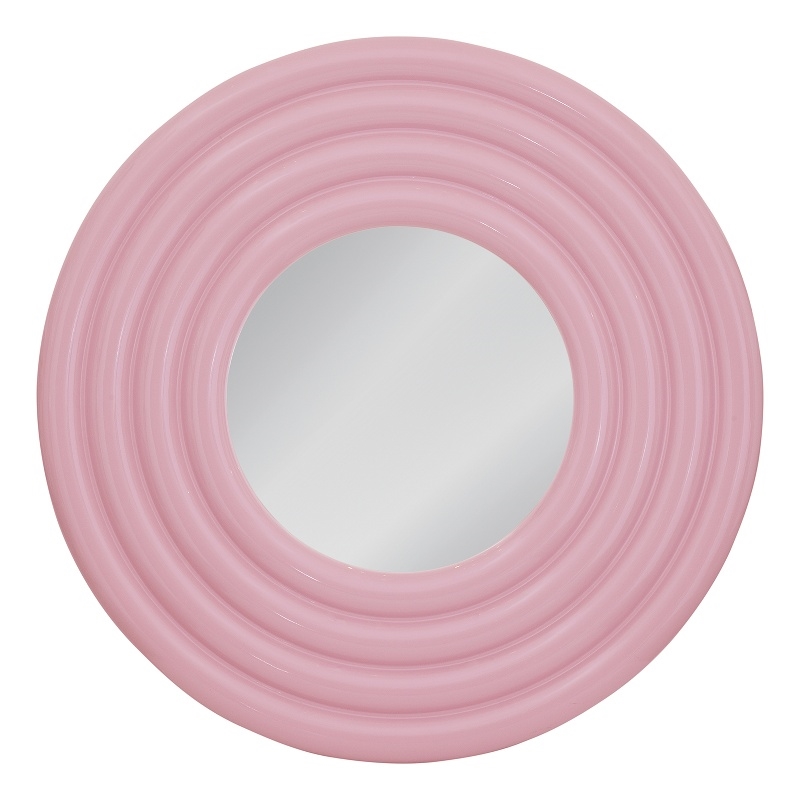 Pemberly Row Contemporary Round Wall Mirror in Glossy Pink Finish