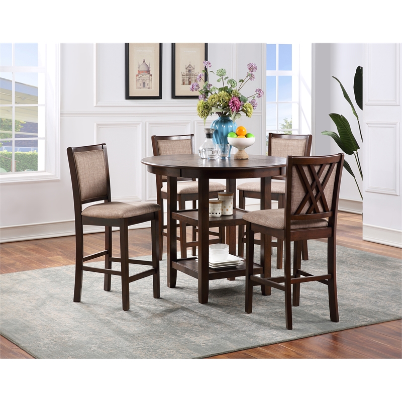 Pemberly Row Modern 5-Piece Round Wood & Fabric Counter Set in Cherry