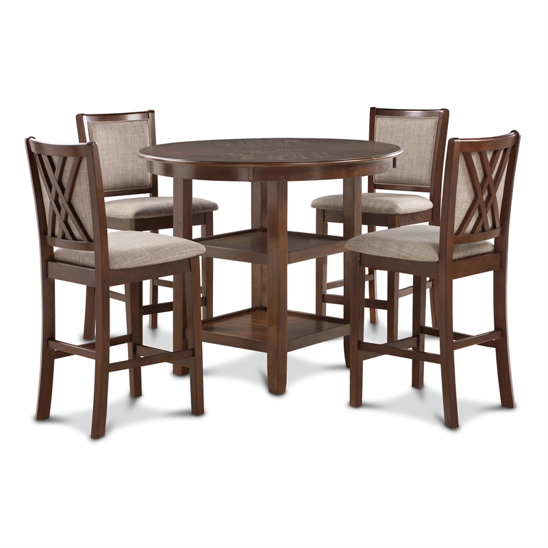 Pemberly Row Modern 5-Piece Round Wood & Fabric Counter Set in Cherry