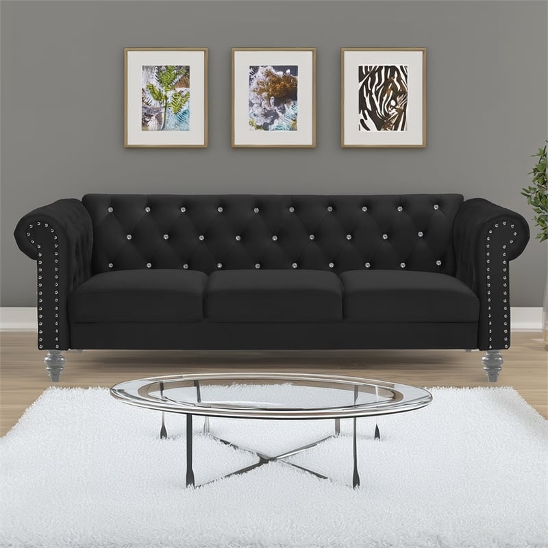 Pemberly Row Contemporary Crystal Velvet Fabric Sofa in Black