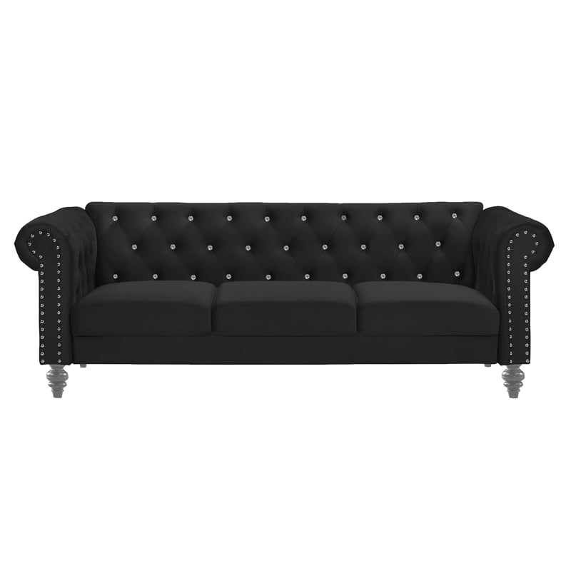 Pemberly Row Contemporary Crystal Velvet Fabric Sofa in Black
