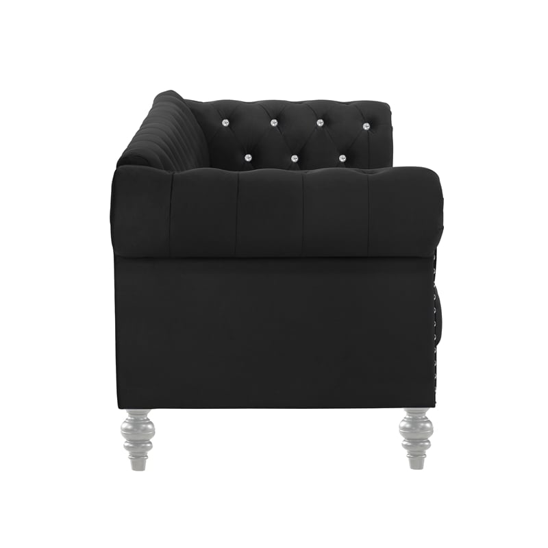 Pemberly Row Contemporary Crystal Velvet Fabric Sofa in Black