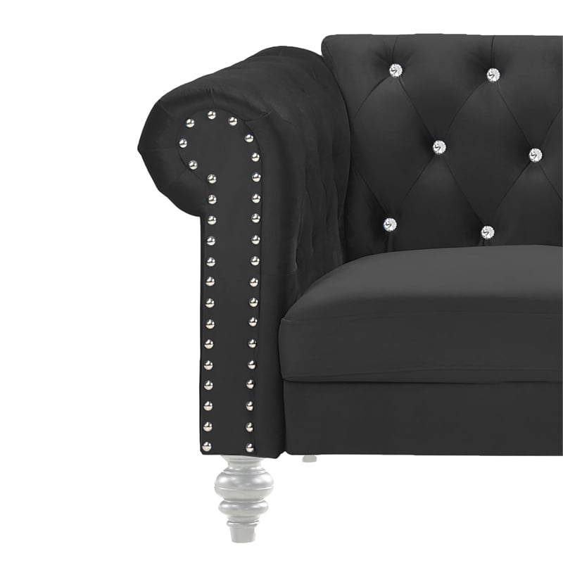 Pemberly Row Contemporary Crystal Velvet Fabric Sofa in Black