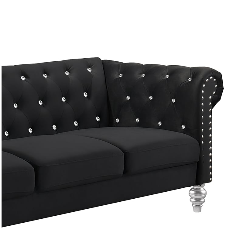 Pemberly Row Contemporary Crystal Velvet Fabric Sofa in Black
