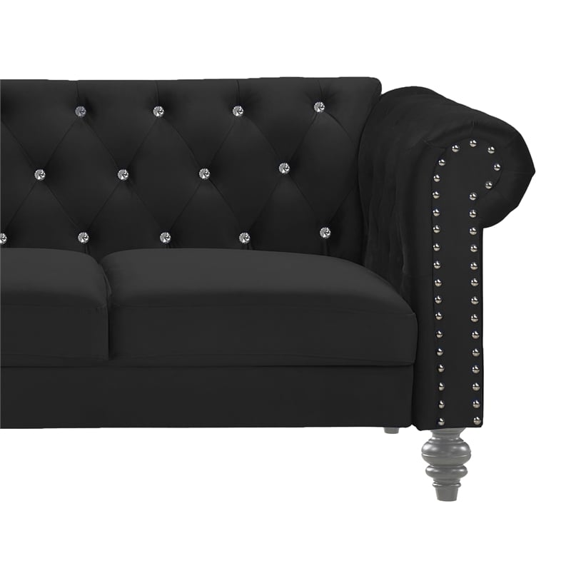 Pemberly Row Contemporary Crystal Velvet Fabric Sofa in Black
