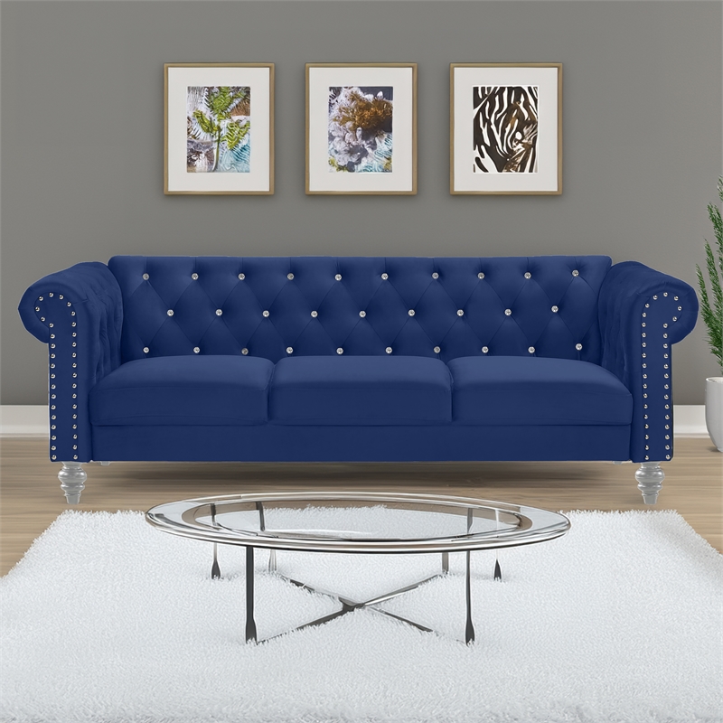 Pemberly Row Modern Crystal Velvet Fabric Sofa in Royal Blue