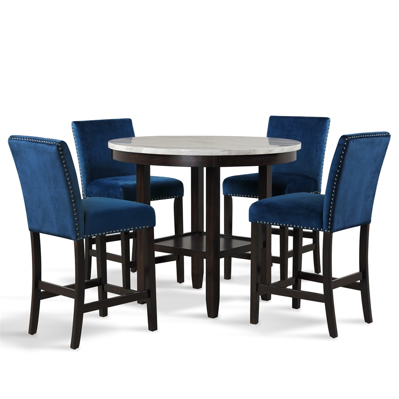 Pemberly Row Contemporary 5-Piece Wood Round Counter Table Set in Blue