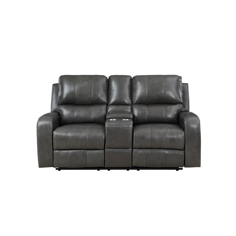 Pemberly Row Modern Leather Console Loveseat w/ Power Footrest in Gray