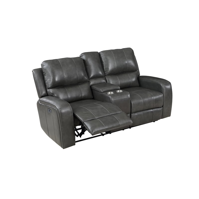 Pemberly Row Modern Leather Console Loveseat w/ Power Footrest in Gray