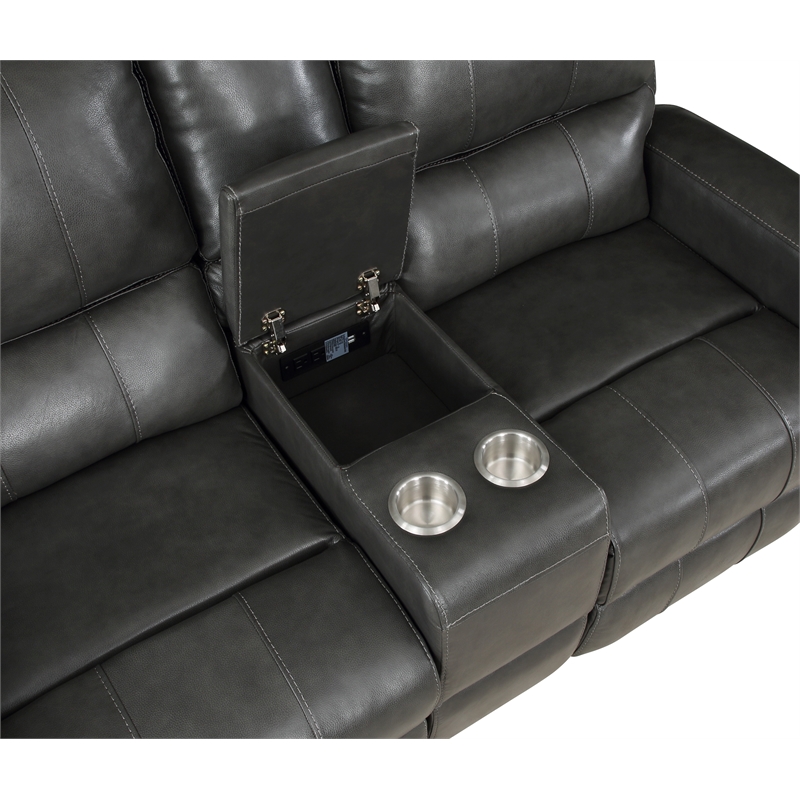Pemberly Row Modern Leather Console Loveseat w/ Power Footrest in Gray