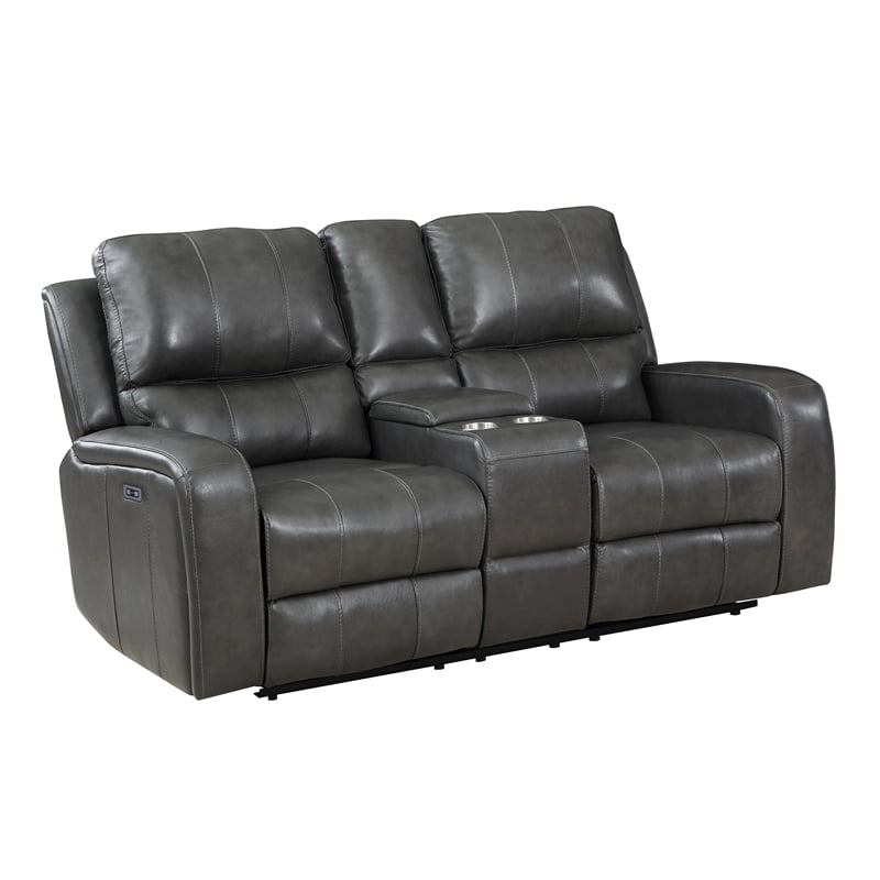 Pemberly Row Modern Leather Console Loveseat w/ Power Footrest in Gray