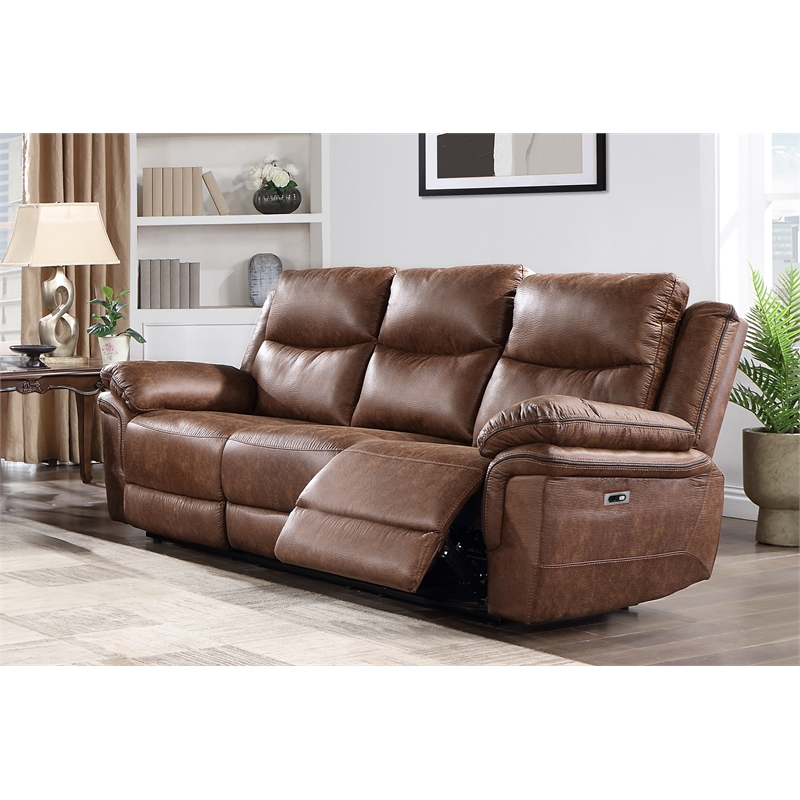 Pemberly Row Modern Polyester Fabric Sofa with Power Footrest in Brown