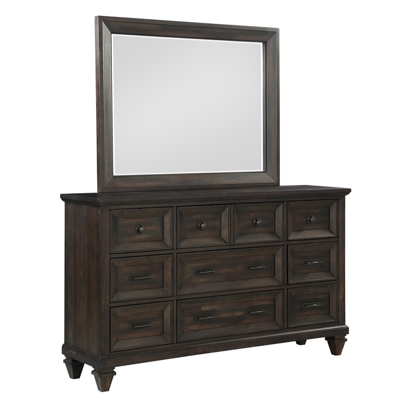 Pemberly Row Modern Solid Wood Dresser with Mirror Set in Walnut