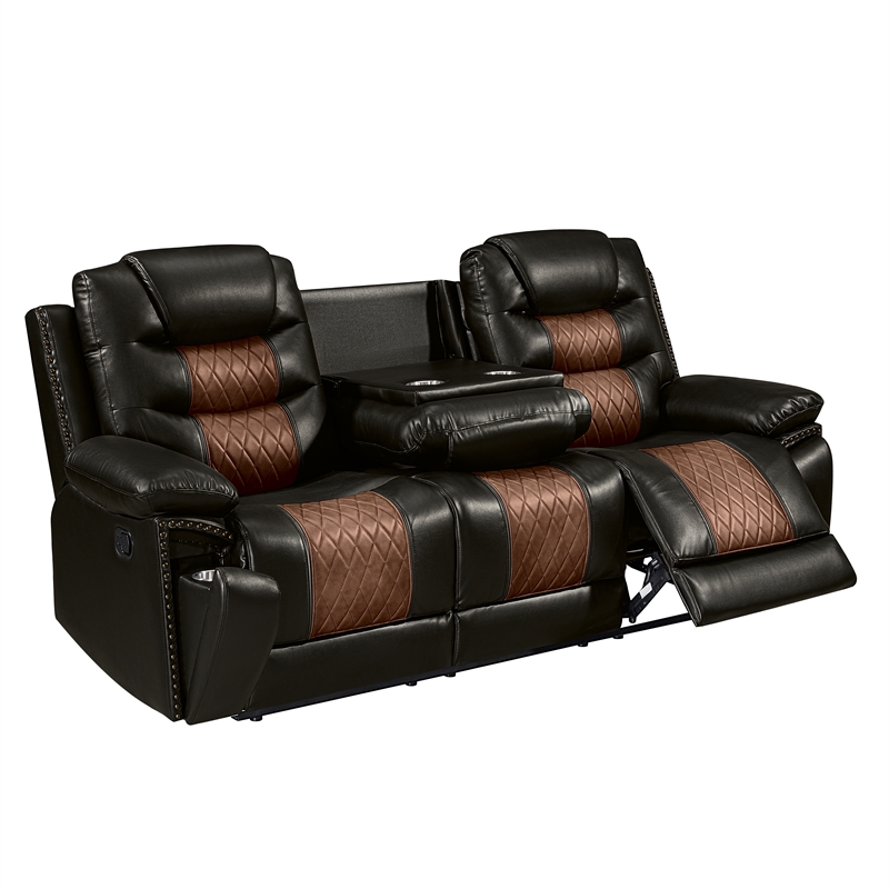 Pemberly Row Modern Leather Sofa with Dual Recliner in Brown