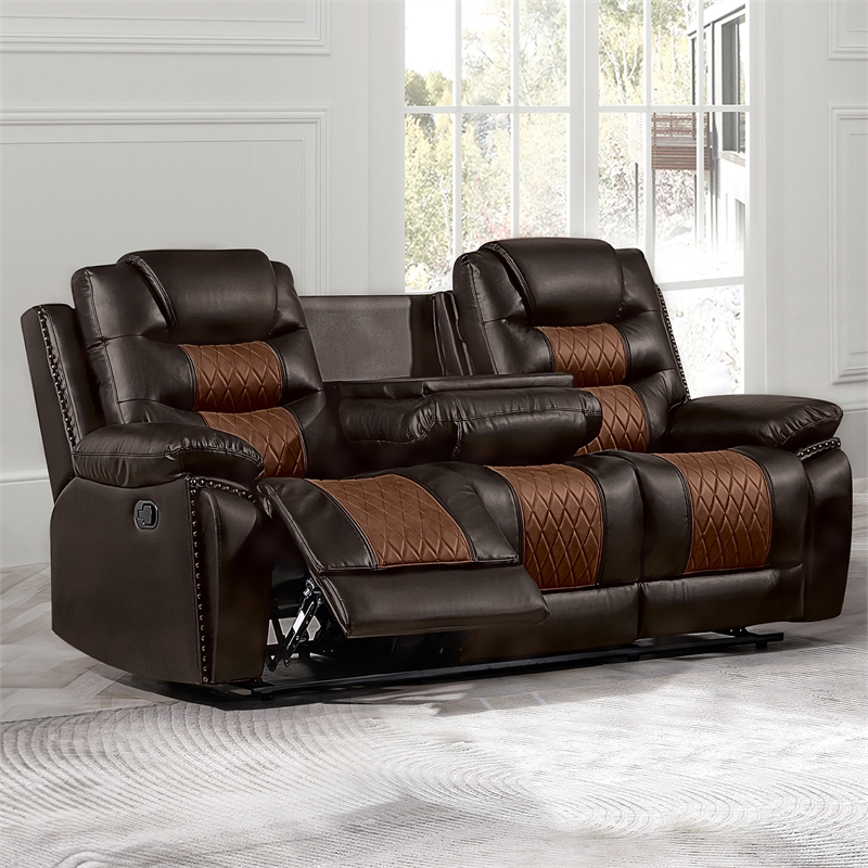 Pemberly Row Modern Leather Sofa with Dual Recliner in Brown