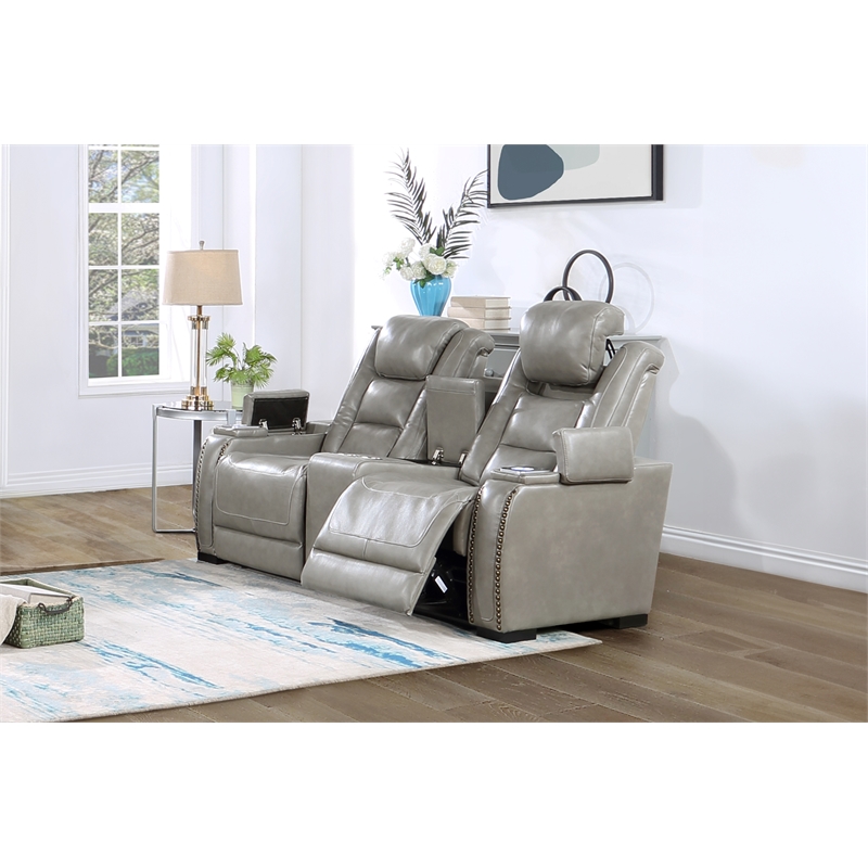 Pemberly Row Contemporary Leather Power Console Loveseat in Gray